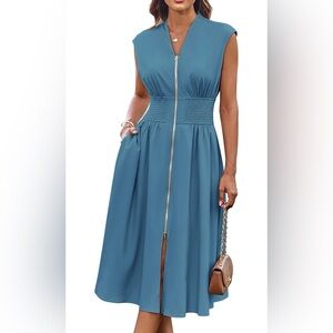 Grace Karin Blue Zip-Front Midi Dress